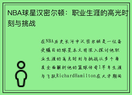 NBA球星汉密尔顿：职业生涯的高光时刻与挑战